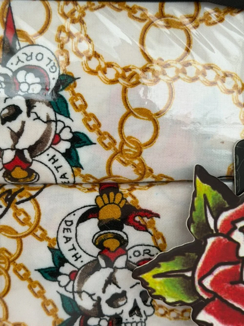 Ed Hardy 6-Piece QUEEN Brushed Sheet Set White Gold Chain Tattoo Skull Roses NWT